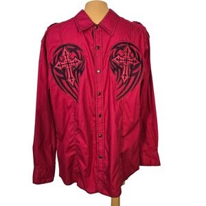 Lamasini Jeans Company Mens LargeRed Long Sleeve‎ Button Down Shirt Embroidered